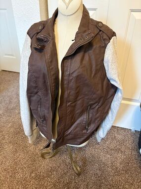 Brown Faux Leather Bomber Jacket with Light Gray Knit Sleeves